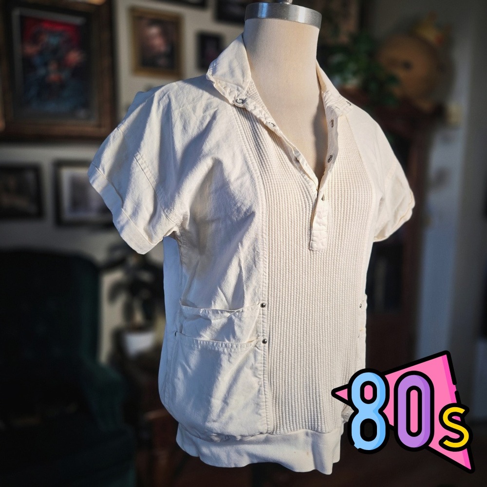 Union Bay Sportswear Cream Henley Top Vintage 80s Waffle Knit Utility Shirt M